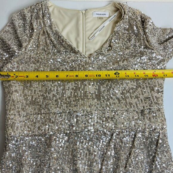 Calvin Klein Long Sleeve Faux Wrap Sequin Knee Length Dress Champagne Beige Gold - Picture 7 of 13